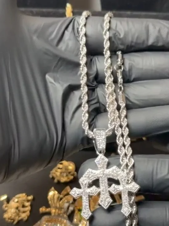 Silver Pavé Cross Pendant Necklace on Rope Chain