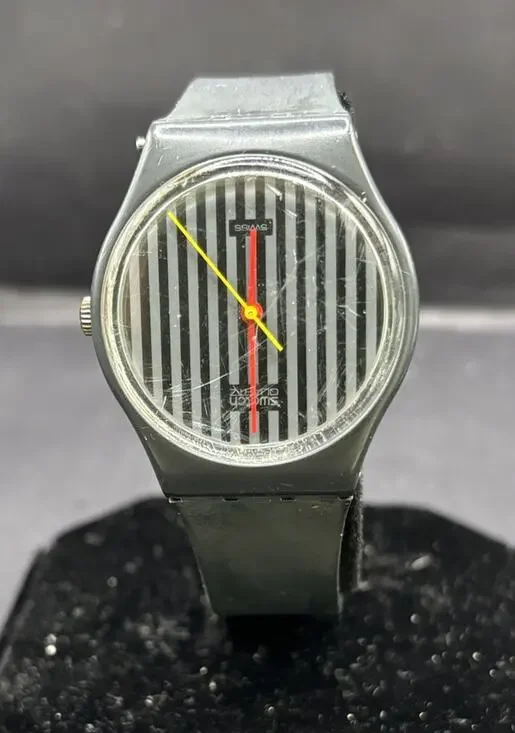 Vintage 80s Swatch Watch Pinstripe Gent Charcoal Gray/Black New Battery Read