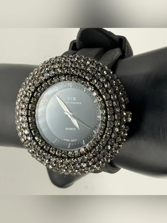 V/X Visage Xchange Black Quartz Watch with Chunky Rhinestone Bezel & Rubber Band