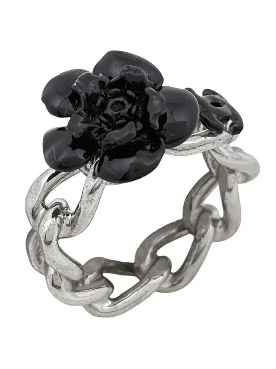 Chanel Ring CC Logo Camellia Silver Plated Black