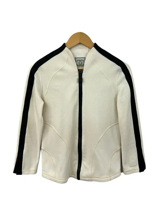 Chanel Jacket 38 M Ivory Black Zip Up Sports Line