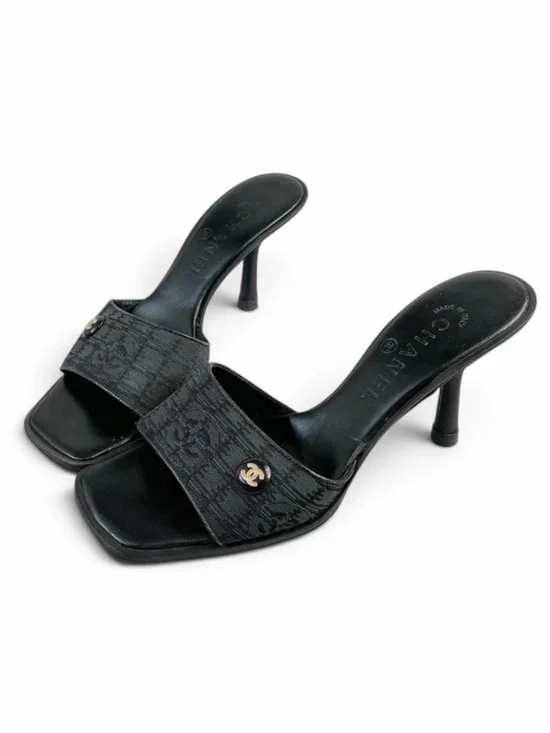 CHANEL Black Heeled Mules Sandals / Size 36.5 / Travel Line COCO / Vintage