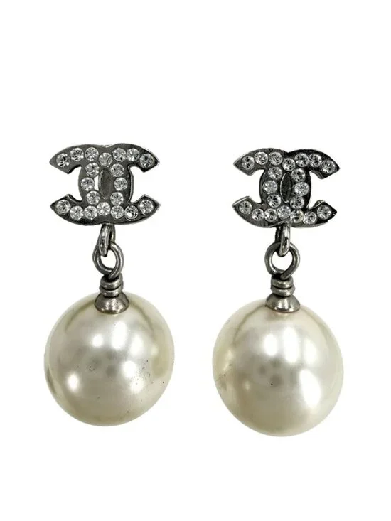 Chanel Big Earrings CC Logo Round Faux Pearl Rhinestone White