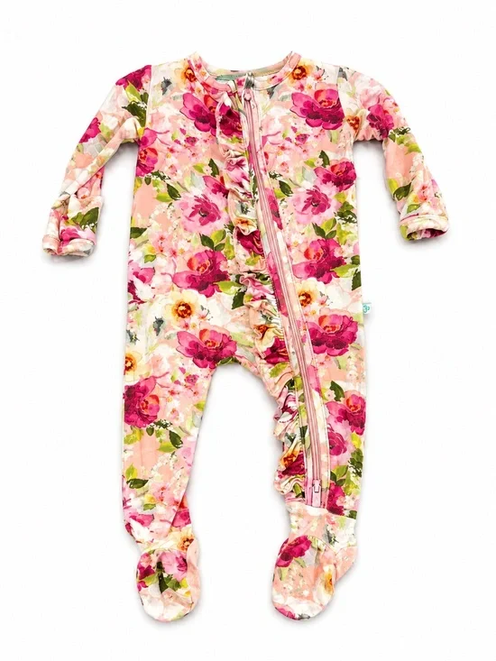 EUC Posh Peanut NB Floral Ruffle 2 way Zipper Footed One-Piece - Pink