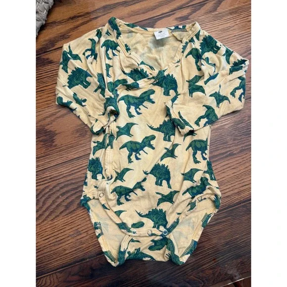 Kate Quinn Bodysuit Baby 6-12M Yellow Green Dinosaur Bamboo Kimono Long Sleeve