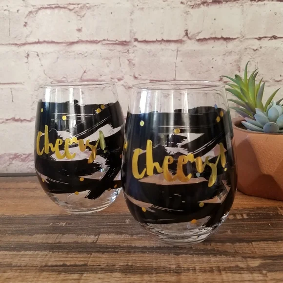 Cheers Gold Black Print Stemless Wine Glasses Set of 2