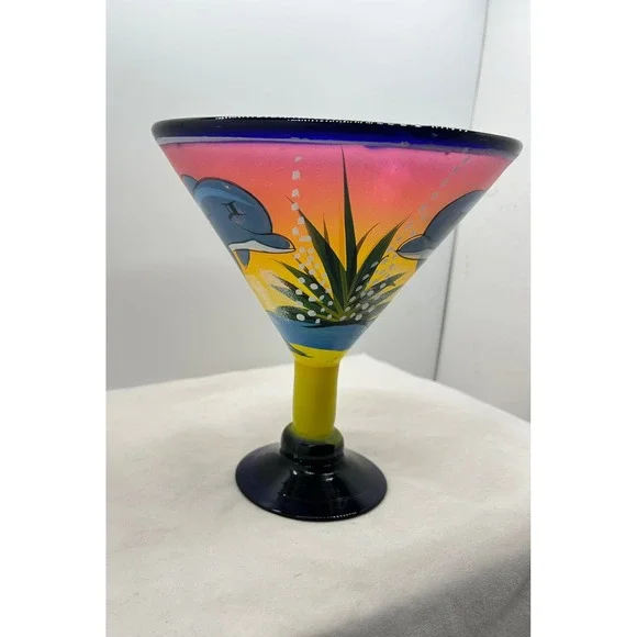 Hand Painted Dolphin Sunset Margarita Glass Cobalt Blue Rim Tropical Barware‎