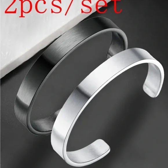 NWT Mens Stainless Steel Cuff Bracelet Set Black Silver Minimalist Bangle 2Pcs