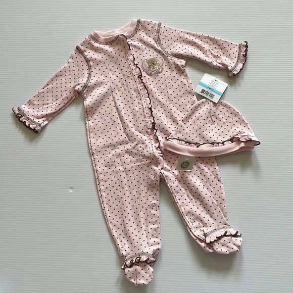 Little me light pink with brown hearts - two piece set. Size 6 months