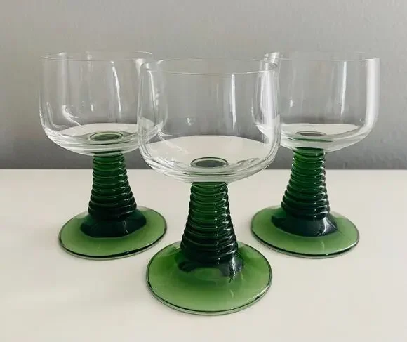 Vintage German Roemer MCM Green Beehive Stem Cordial Glasses, Set of 3