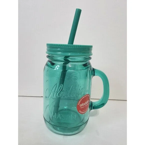Aladdin Insulated Mason Jar Tumbler/Mug W/ Straw Green 16oz