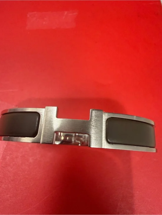 Hermes La Maison Stainless Steel H Cuff with Dark Brown Enamel