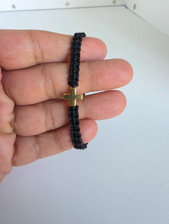 Handmade Black Macrame Cross Bracelet Adjustable Gold Tone Christian Unisex