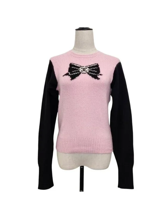 Chanel Vintage Camellia Ribbon CC Logo Cashmere Knit Sweater 38 Pink Black