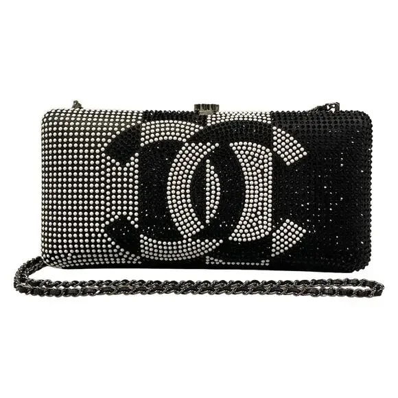 Chanel Shoulder Bag Black White Leather Rhinestones