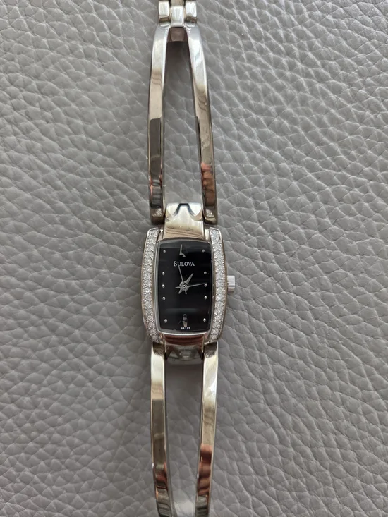 Bulova Silver-Tone Bracelet Watch with Black Dial and Crystal Accents