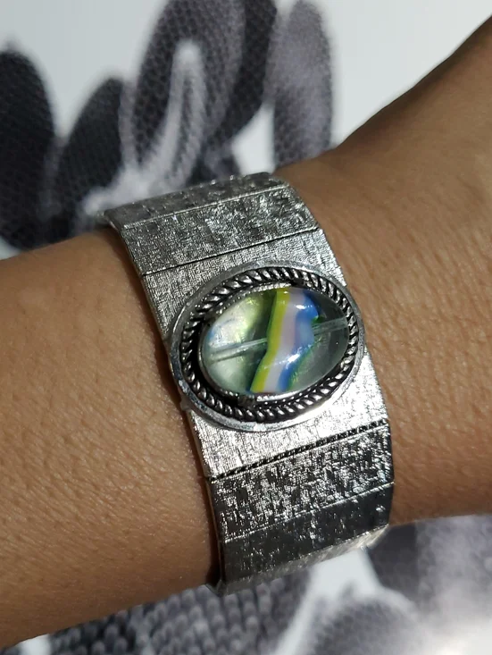 Vintage Silver-Tone Wristband with Multicolor Glass Cabochon Chunky Bracelet