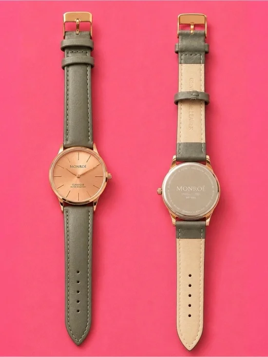 Women's Classic Gray Leather Strap Watch with Rose Gold Dial