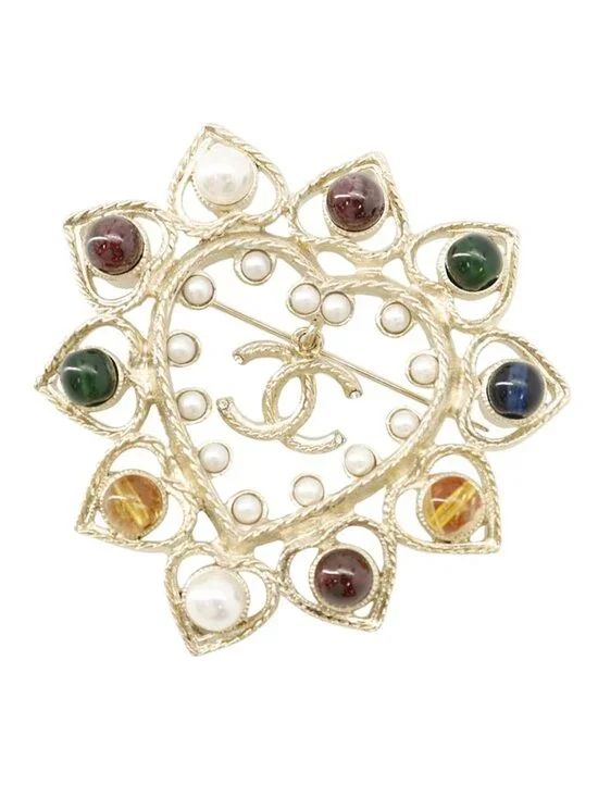 Chanel Brooch CC Logo Heart Rhinestone Faux Pearl Color Stone Metal