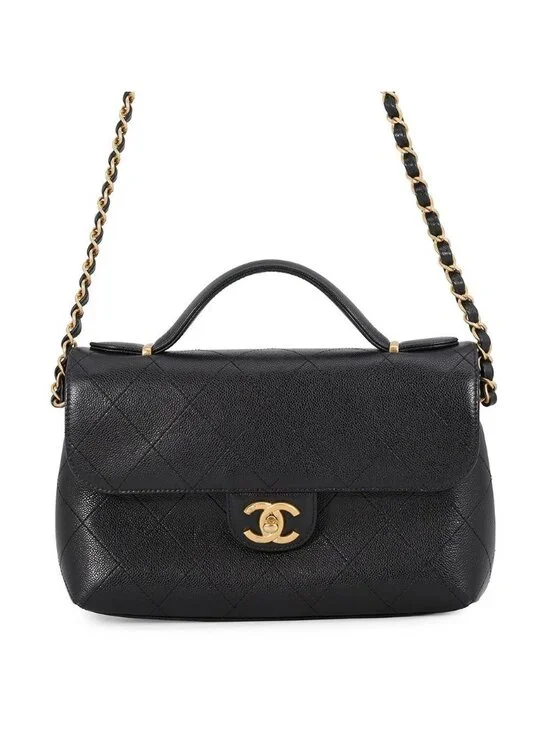 Chanel Shoulder Bag Quilted CC Logo Caviar Leather Black 2-Way