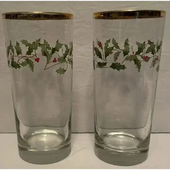 Lenox Holly & Berry Holiday Tall Glass Gold Trim‎ Set Of 2  6.25”H x 2 7/8”W