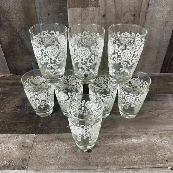 Set of‎ 8 MCM LACE Highball Glasses White Stenciled Floral Lace Gold Trim