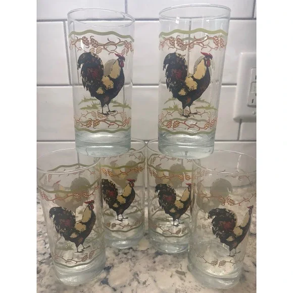 Vintage Rooster Farmhouse Juice Glasses Set of 6 Country Kitchen Tumblers
