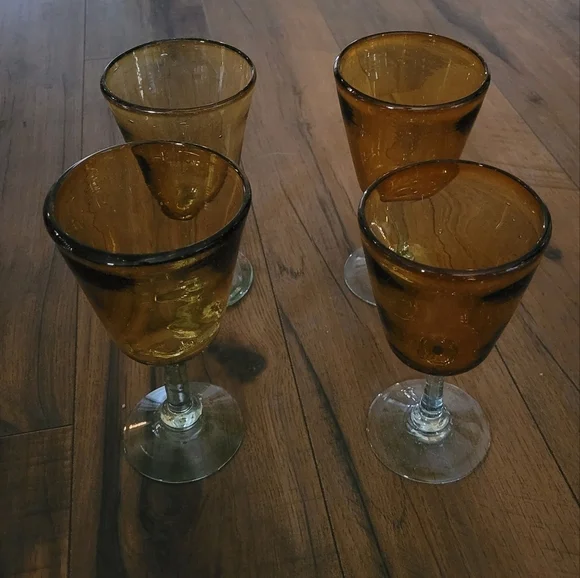 Vintage Amber and Recycled Green Blown Glass Wine‎ Goblets Set of 4