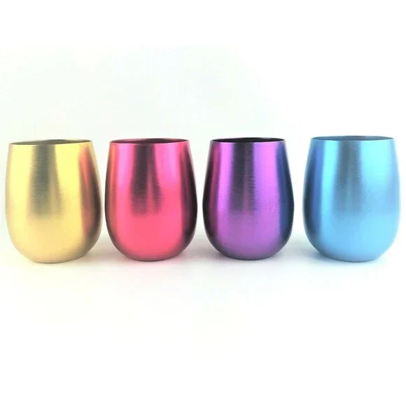 Retro Aluminum Stemless Wine Glasses - Set 4 - Unbreakable Metal Cups 19 oz MCM