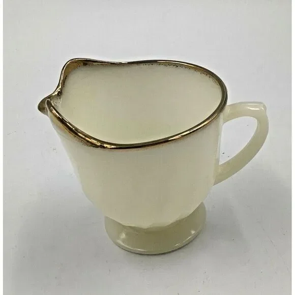 Fire King Ware White Cup with Pour Spout and Handle USA gold trim footed Vintage