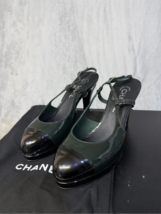 CHANEL Slingbacks Size 7 Patent Leather Green Black Shoes