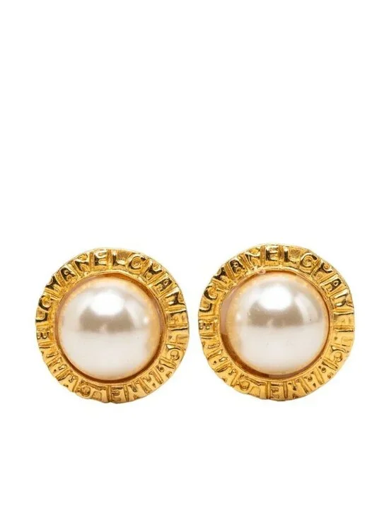 Chanel Logo Round Circle Earrings Gold Faux Pearl Plated