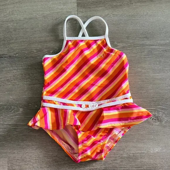 OP Girls Bathing Suit Stripped One Piece Orange Pink Yellow Summer Swim 6 Months