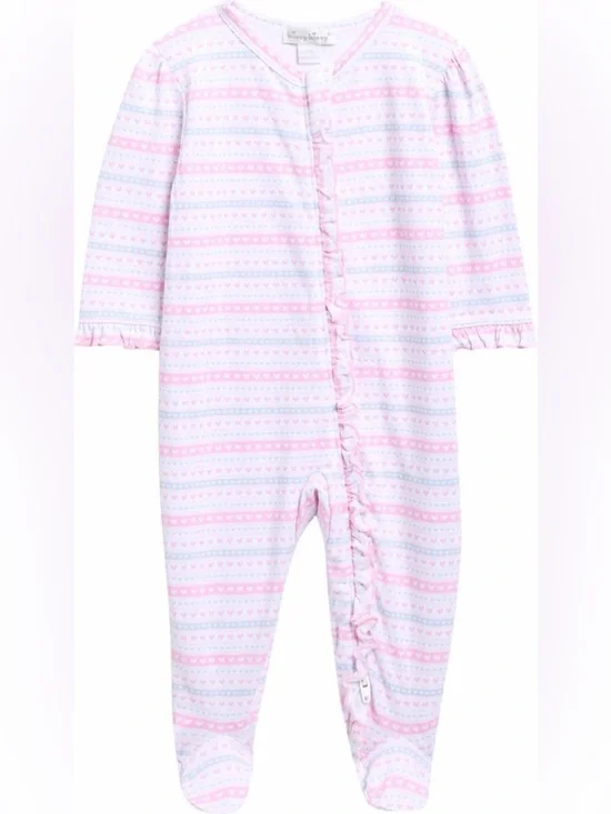 Kissy Kissy Pink & White Heart Stripe Ruffled Footie Onesie