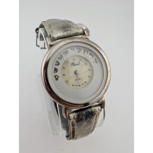 Vintage Pearl Watch Women MOP Spinning Heart Dial Leather Band- New Battery‎