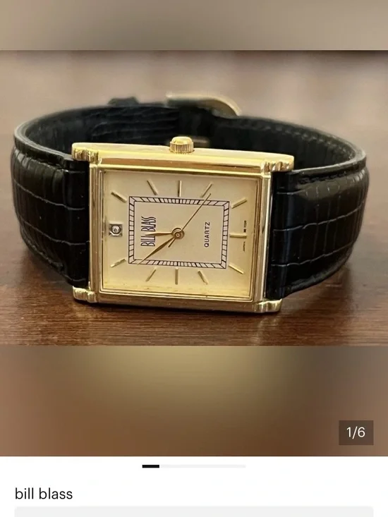 bill blass Gold-Tone Square Dress Watch with Black Strap