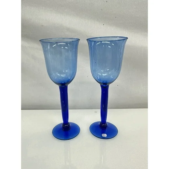 Set of 2 HAND Blown Cobalt Blue Stemmed Wine Water Glass / Goblets - 8 7/8