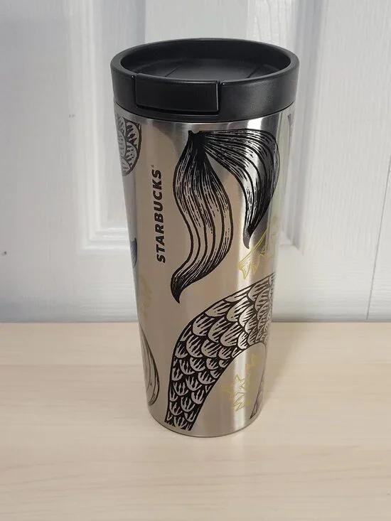 STARBUCKS Siren Tail & Crown Stainless Steel Silver & Black 16 oz Tumbler w/ Lid