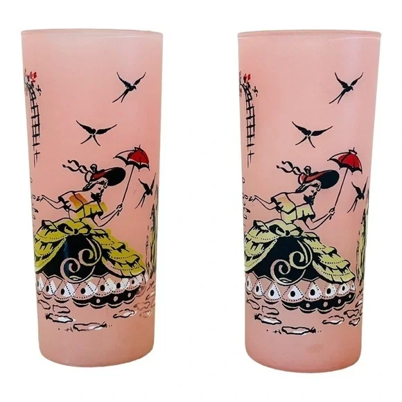 VINTAGE Mid Century Pink Frosted Southern Belle Glasses