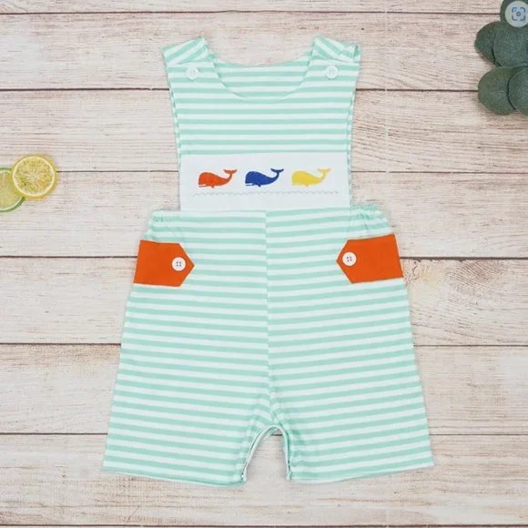 Boutique Baby Boys Embroidered Whale Blue Romper Shortalls Jumpsuit