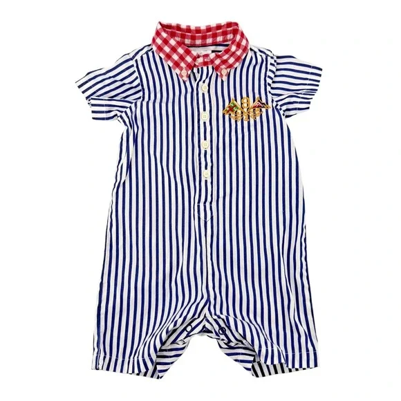 Ralph Lauren Baby Boys Cotton Nautical Romper Blue White Stripe 6M Button Front