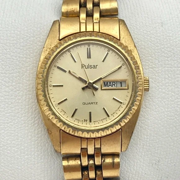 Vtg Pulsar Women's Watch 24mm Gold Tone V248-0020 Day Date New Battery SMALL 6