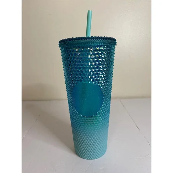 Starbucks Teal Blue Iridescent Studded Venti Cold‎ Cup Tumbler 24oz with Straw