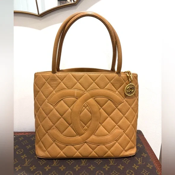 Authentic CHANEL gold MEDALLION brown camel caviar leather bag