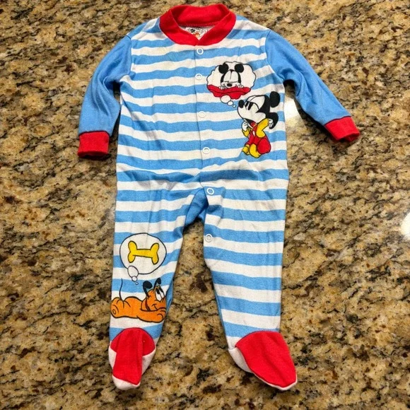 Vintage Baby Mickey & Co Blue Striped Footed Sleeper Pluto Disney Small 12 lbs