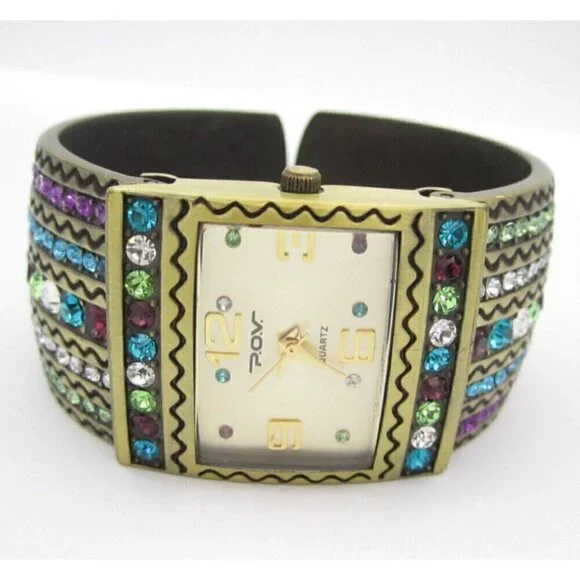 Women POV Multicolor Quartz WR Analog 28mm Dial Causal Bangle Cuff Watch (G541)‎