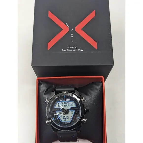 KONXIDO Mens Black Blue Leather Band Analog Quartz Watch‎ with Digital KO6368
