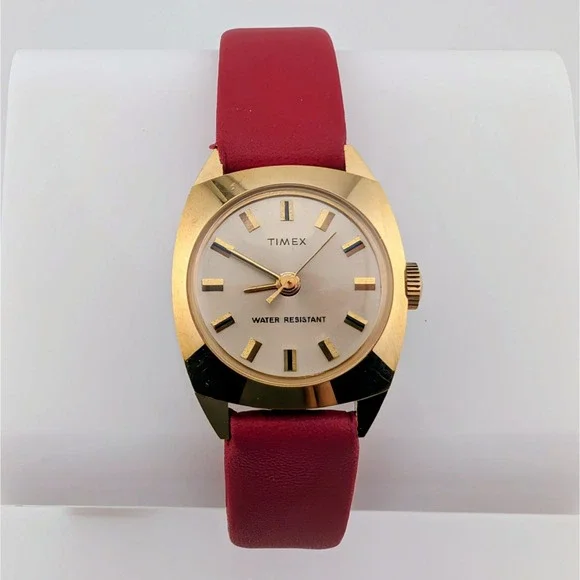 Vintage Timex Manual Wind Women's Gold Tone Cushion Case Watch Red Strap 24mm