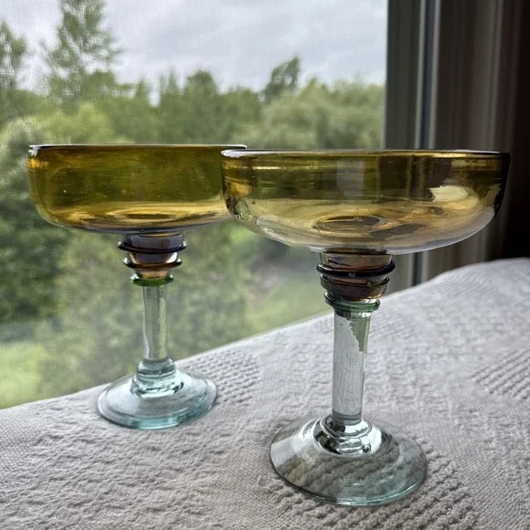 Hand Blown Mexican Margarita Glass X2 Amber To Clear Color Bands Stem Barware‎