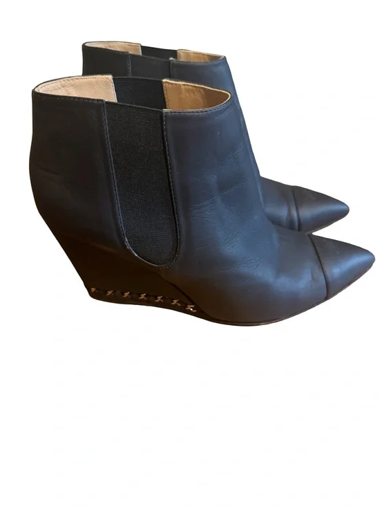 CHANEL Black Leather Pointed Toe Wedge Ankle Booties